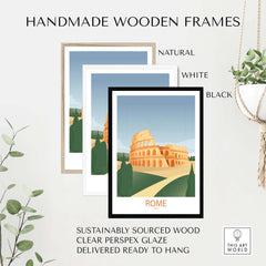 Handmade wooden frames in natural, white, and black showcasing a Rome wall art print featuring the Colosseum.