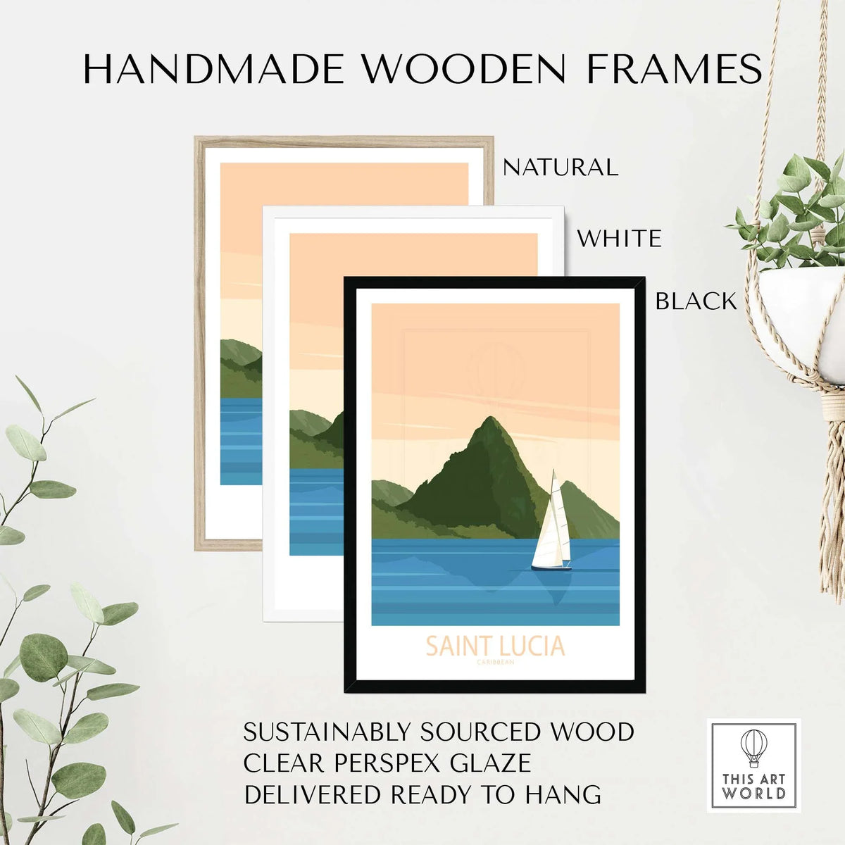 Handmade wooden frames in natural, white, and black, displaying Saint Lucia prints with sustainably sourced wood.