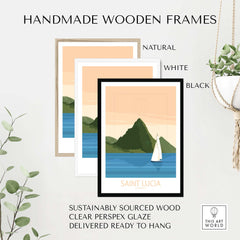 Handmade wooden frames in natural, white, and black, displaying Saint Lucia prints with sustainably sourced wood.