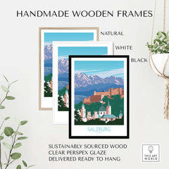 Three handmade wooden frames in natural, white, and black for Salzburg wall art print, showcasing stylish home decor.