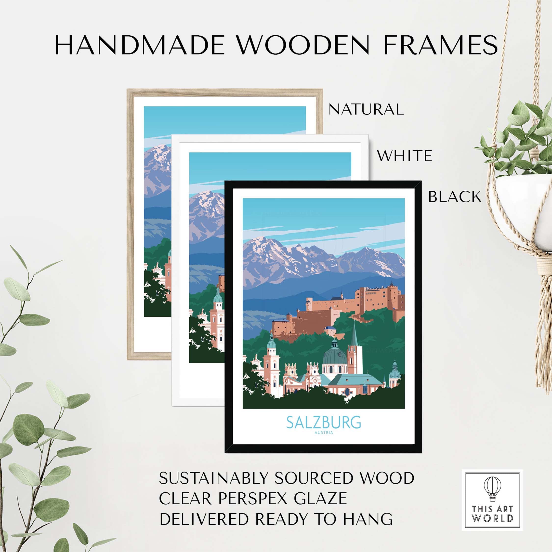 Three handmade wooden frames in natural, white, and black for Salzburg wall art print, showcasing stylish home decor.