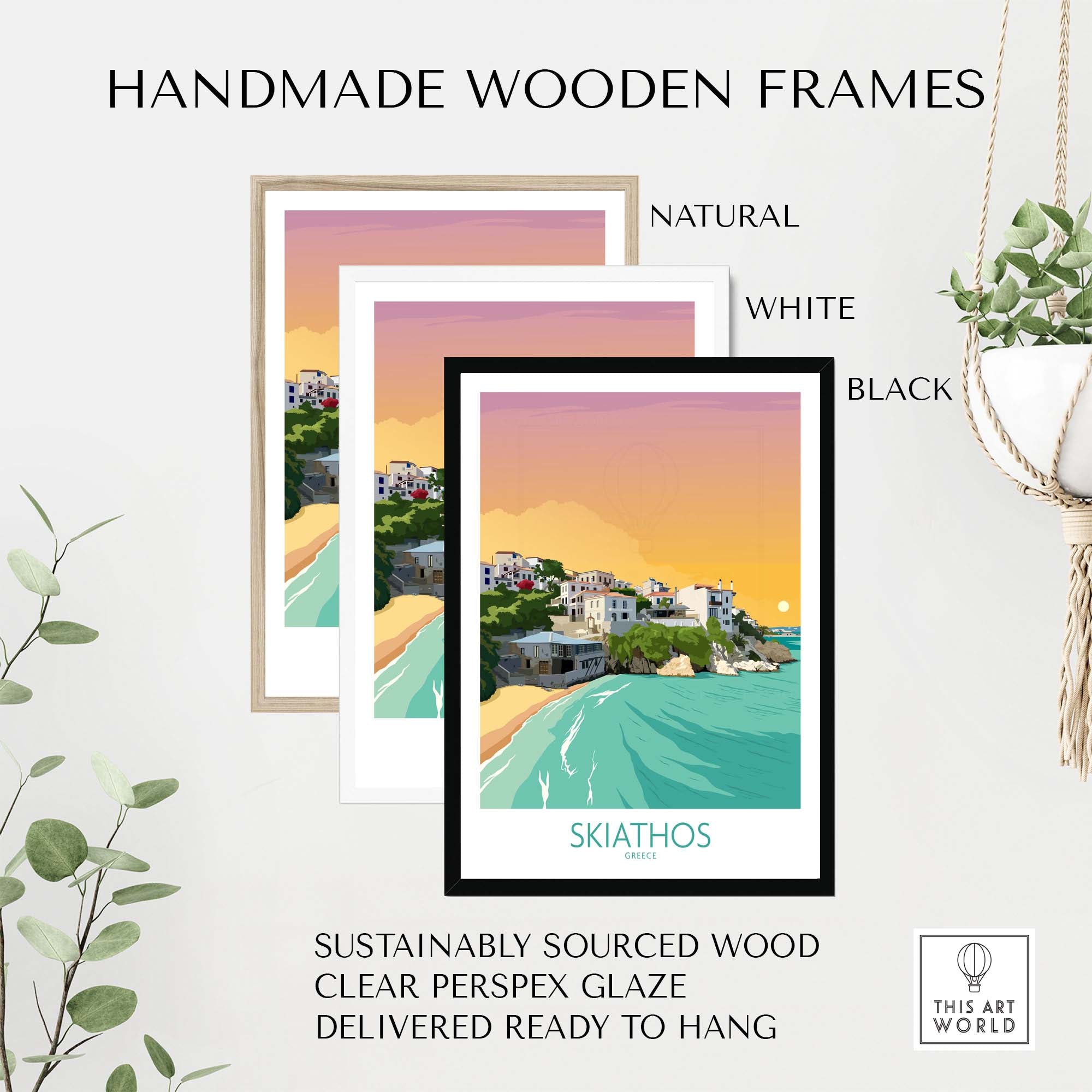 Handmade wooden frames for Skiathos wall art print in natural, white, and black options, ready to hang.