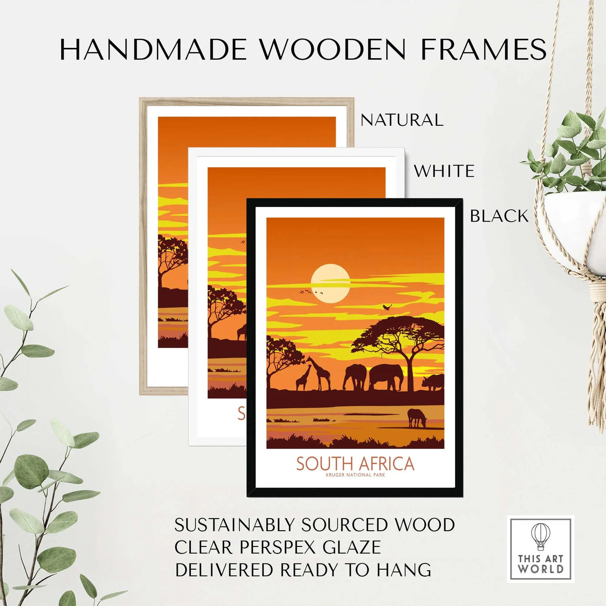 Handmade wooden frames in natural, white, and black for South Africa travel prints, made from sustainable wood.