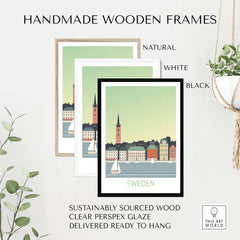 Handmade wooden frames in natural, white, and black for Sweden poster print, sustainably sourced wood, ready to hang.