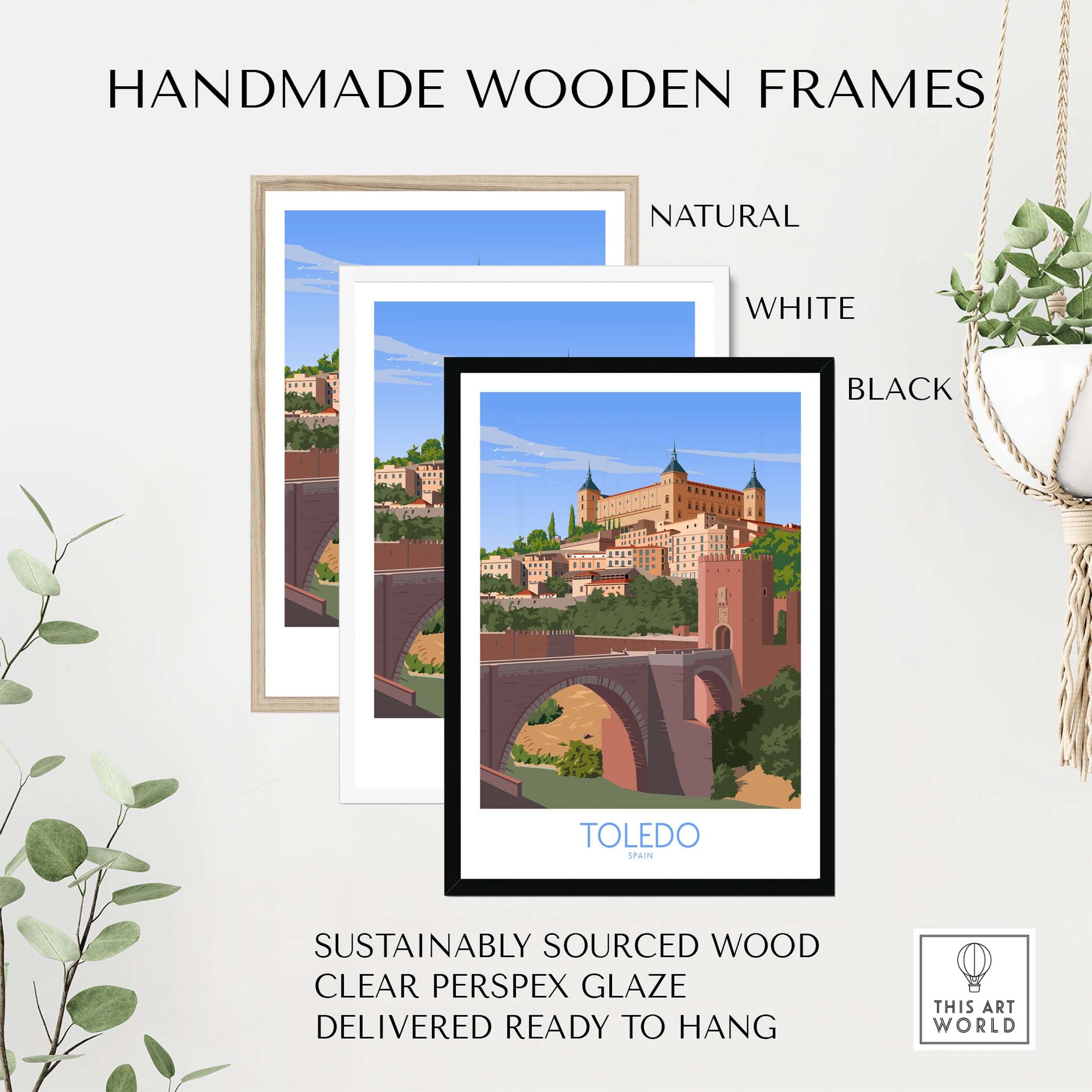 Toledo wall art print framed in black, white, and natural wood options, showcasing sustainable wooden frames.