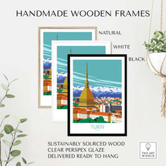 Handmade wooden frames for Turin Wall Art Print Italy in natural, white, and black finishes with a clear perspex glaze.