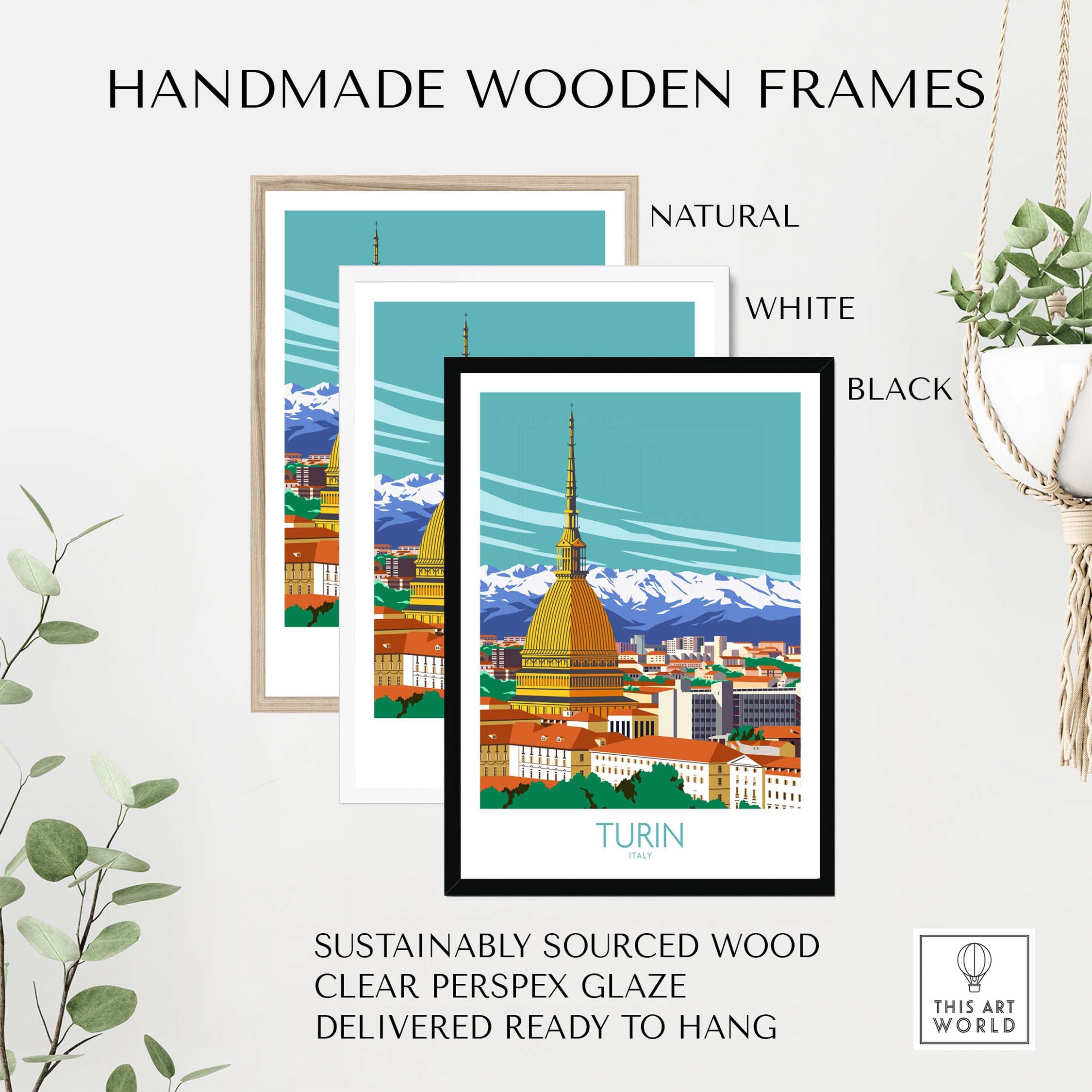 Handmade wooden frames for Turin Wall Art Print Italy in natural, white, and black finishes with a clear perspex glaze.