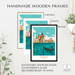 Handmade wooden frames in natural, white, and black colors showcasing a Venice Italy Poster Print with gondola.