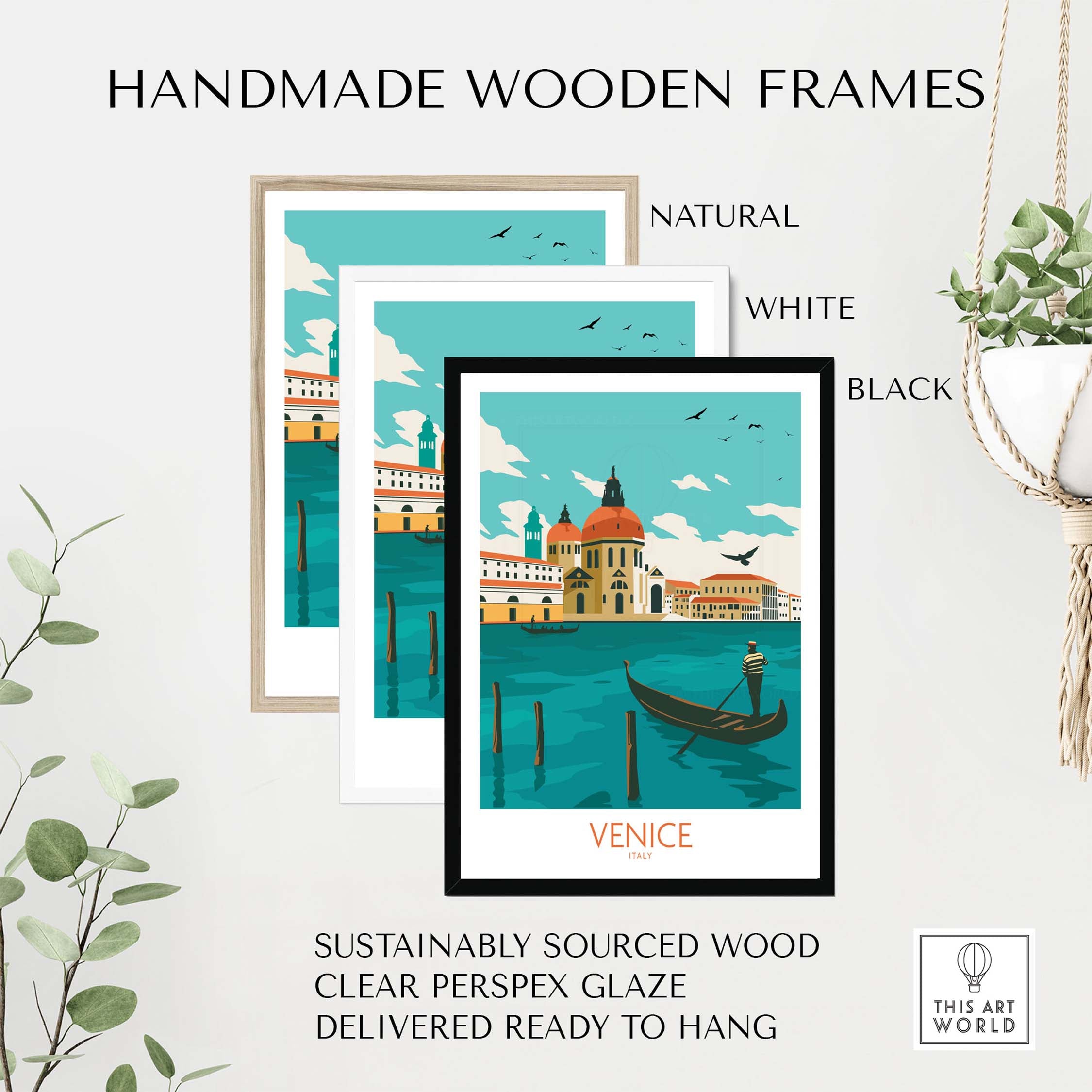 Handmade wooden frames in natural, white, and black colors showcasing a Venice Italy Poster Print with gondola.