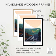 Handmade wooden frames for Virginia wall art print in natural, white, and black finishes, ready to hang.