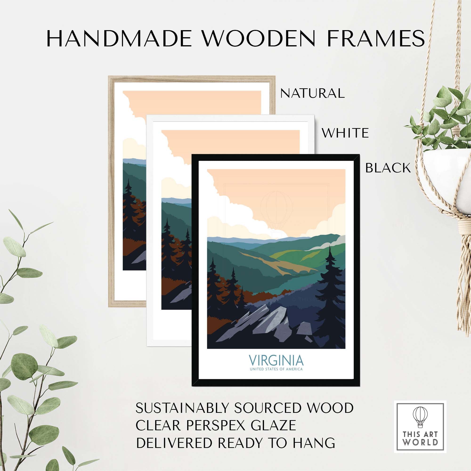Handmade wooden frames for Virginia wall art print in natural, white, and black finishes, ready to hang.