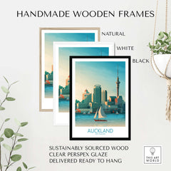 Three handmade wooden frames (natural, white, black) showcasing an Auckland art print, sustainably sourced wood.
