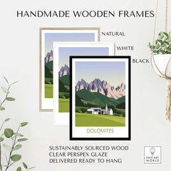 Handmade wooden frames in natural, white, and black for Dolomites wall art print, sustainably sourced and ready to hang.
