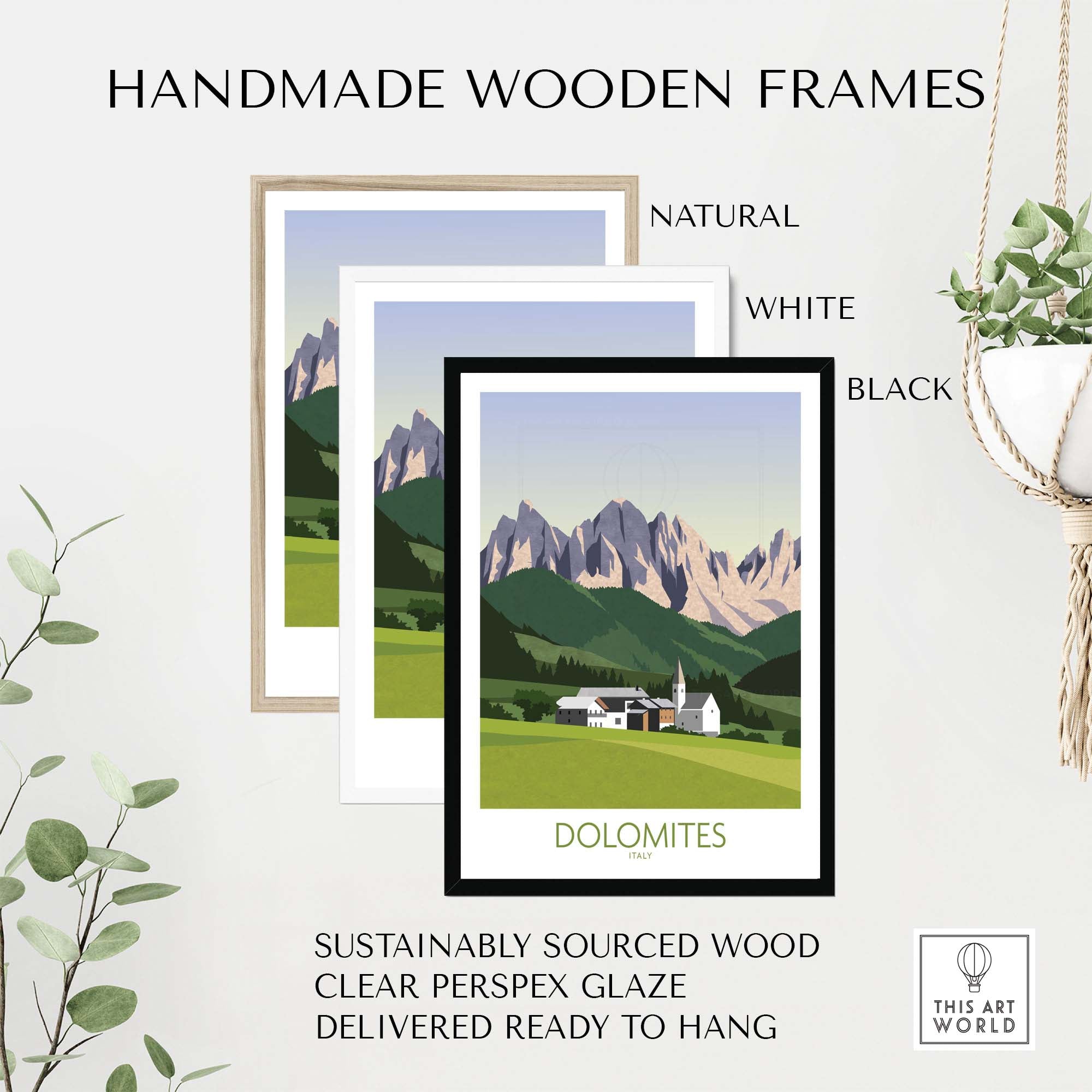 Handmade wooden frames in natural, white, and black for Dolomites wall art print, sustainably sourced and ready to hang.