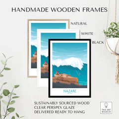 Handmade wooden frames for Nazare wall art print in natural, white, and black styles, sustainably sourced and ready to hang.