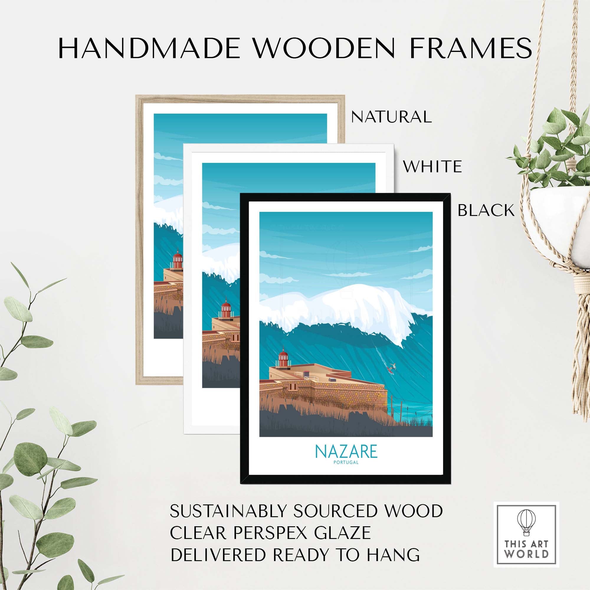 Handmade wooden frames for Nazare wall art print in natural, white, and black styles, sustainably sourced and ready to hang.