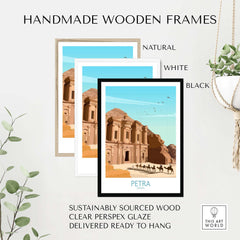 Handmade wooden frames for Petra wall art print, featuring natural, white, and black options with sustainable materials.