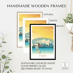 Handmade wooden frames for Sydney Print in natural, white, and black finishes, ready to hang with sustainably sourced wood.