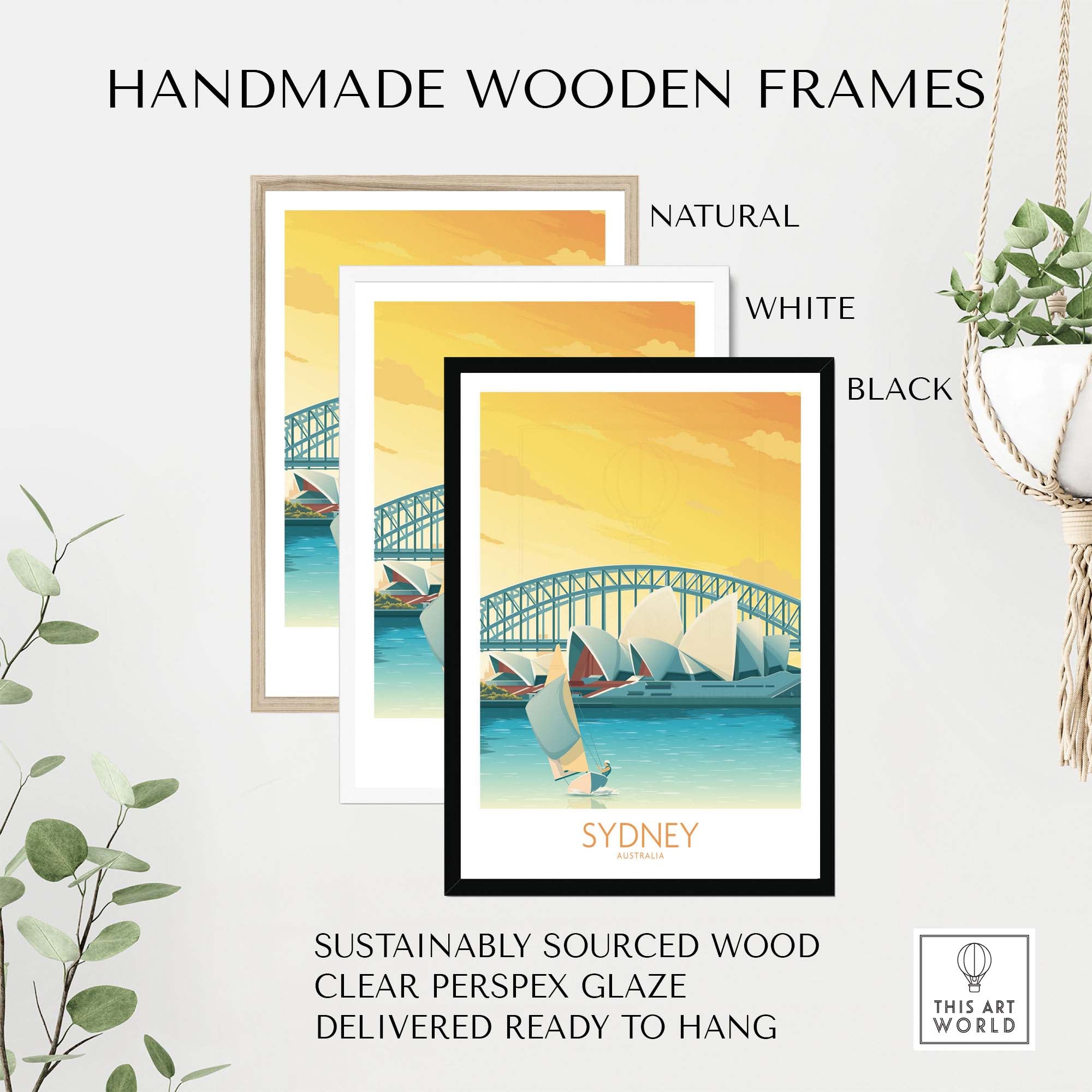 Handmade wooden frames for Sydney Print in natural, white, and black finishes, ready to hang with sustainably sourced wood.