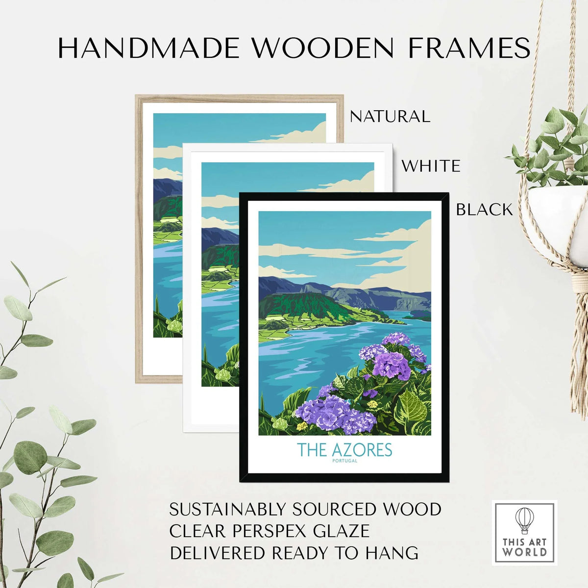Handmade wooden frames in natural, white, and black for The Azores wall art print, sustainably sourced and ready to hang.