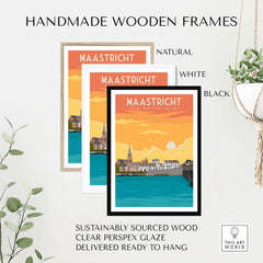 Handmade wooden frames for Maastricht travel poster in natural, white, and black finishes.