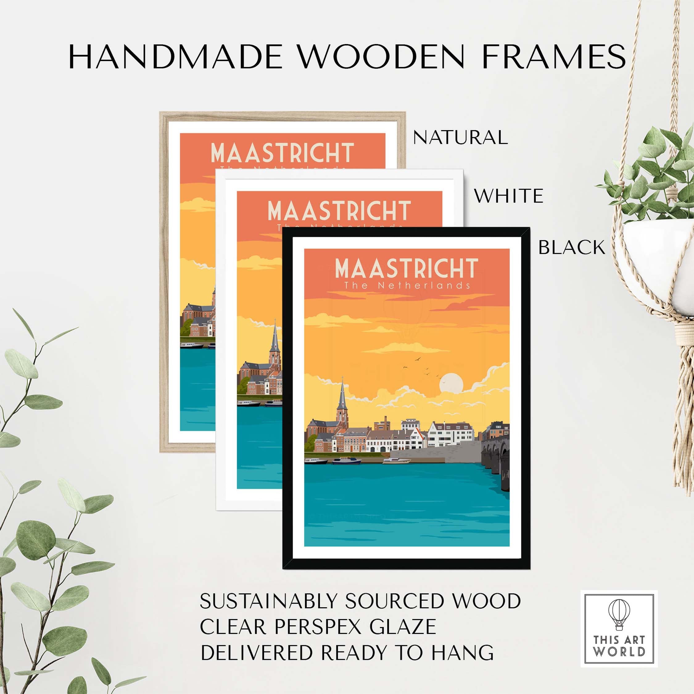 Handmade wooden frames for Maastricht travel poster in natural, white, and black finishes.