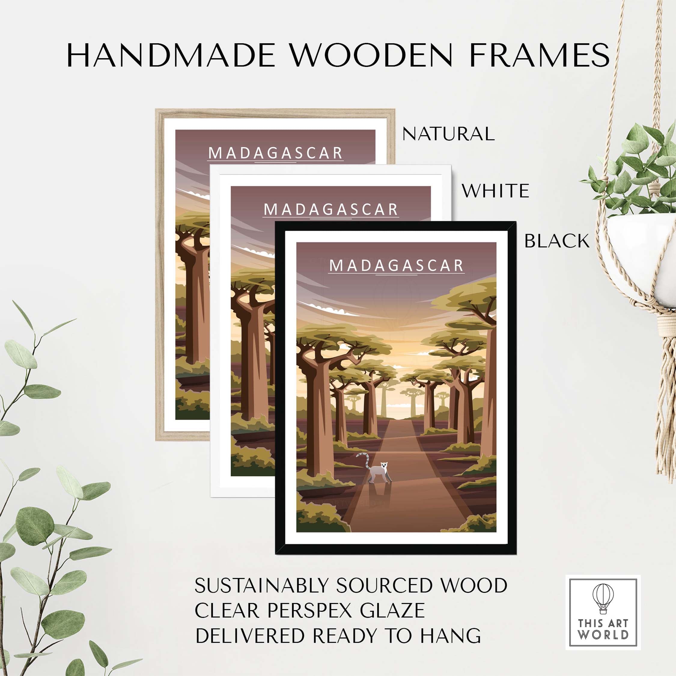 Three handmade wooden frames in natural, white, and black styles for Madagascar prints.