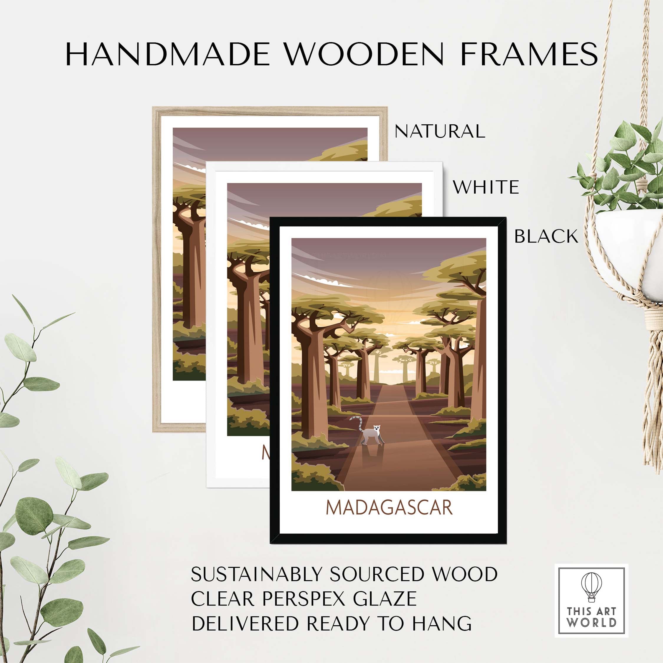 Handmade wooden frames for Madagascar poster in natural, white, and black options, featuring sustainably sourced wood.