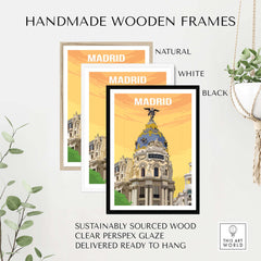 Handmade wooden frames in natural, white, and black for Madrid poster art, sustainably sourced and ready to hang.