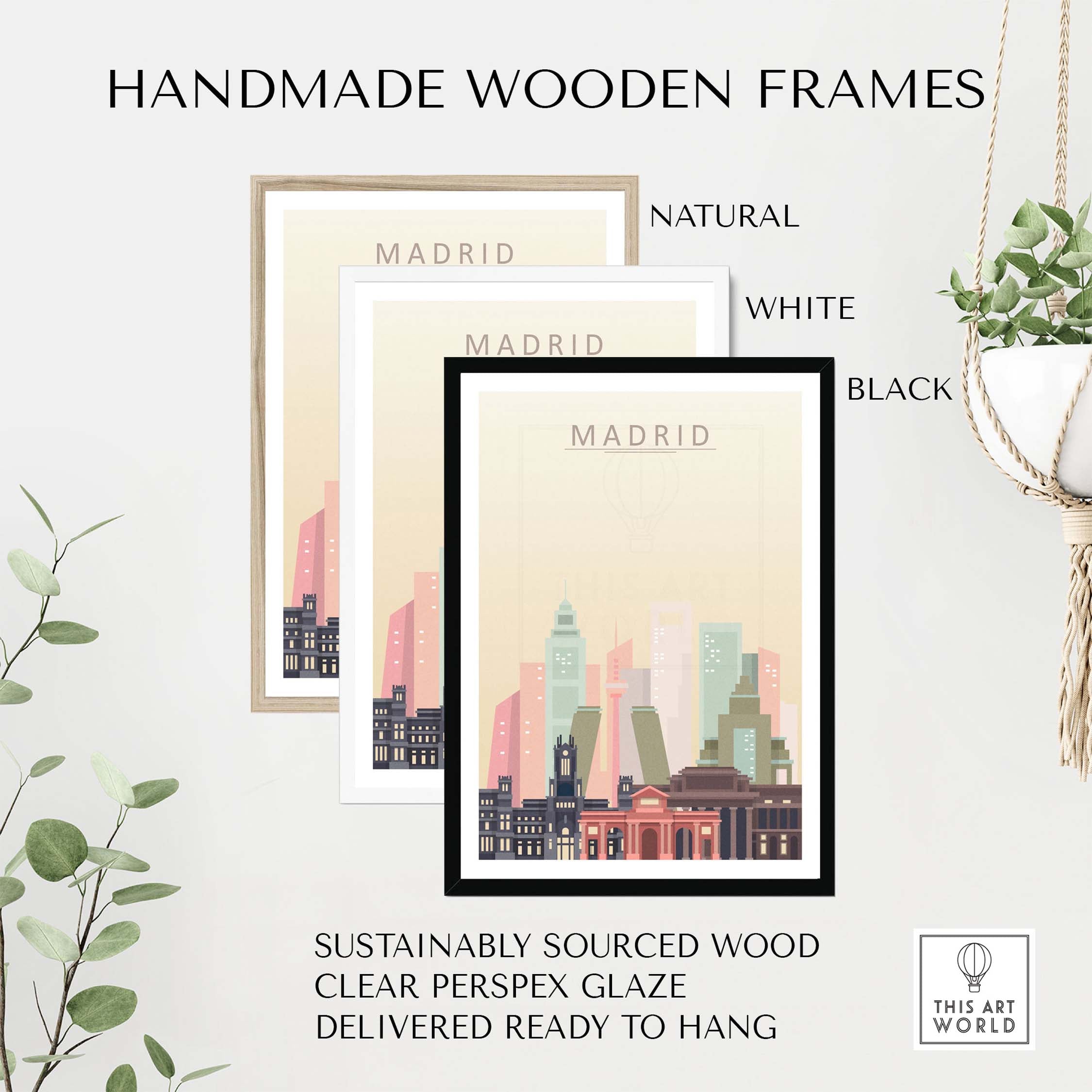 Handmade wooden frames for Madrid Skyline Print in natural, white, and black. Sustainably sourced wood, ready to hang.