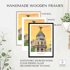 Handmade wooden frames for Madrid print in natural, white, and black finishes, perfect for stylish wall art.