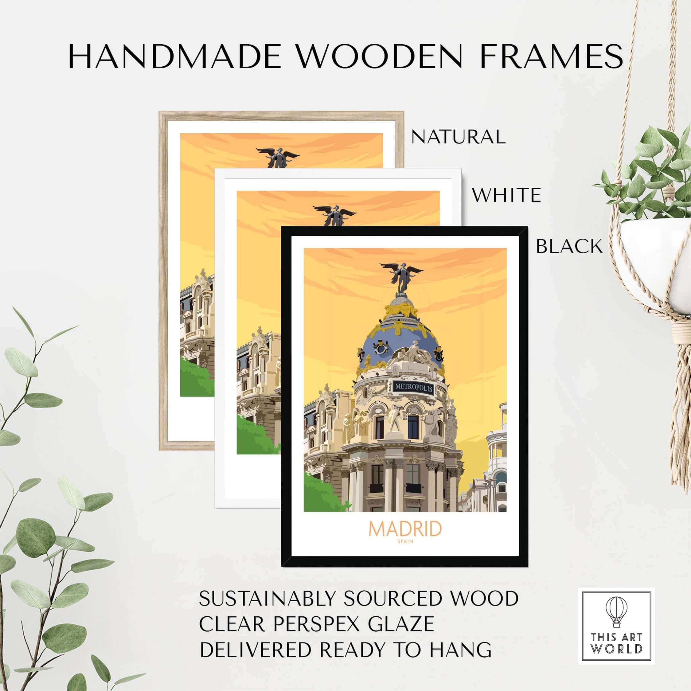 Handmade wooden frames for Madrid print in natural, white, and black finishes, perfect for stylish wall art.