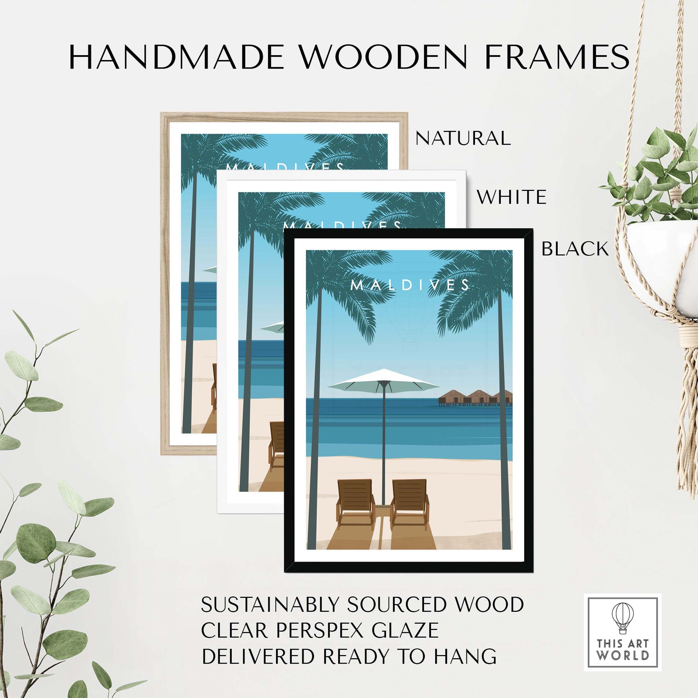 Handmade wooden frames in black, white, and natural finish showcasing a Maldives travel poster with beach and palm trees.