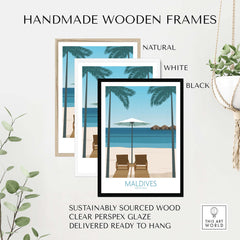 Handmade wooden frames for Maldives Print in natural, white, and black; sustainably sourced and ready to hang.
