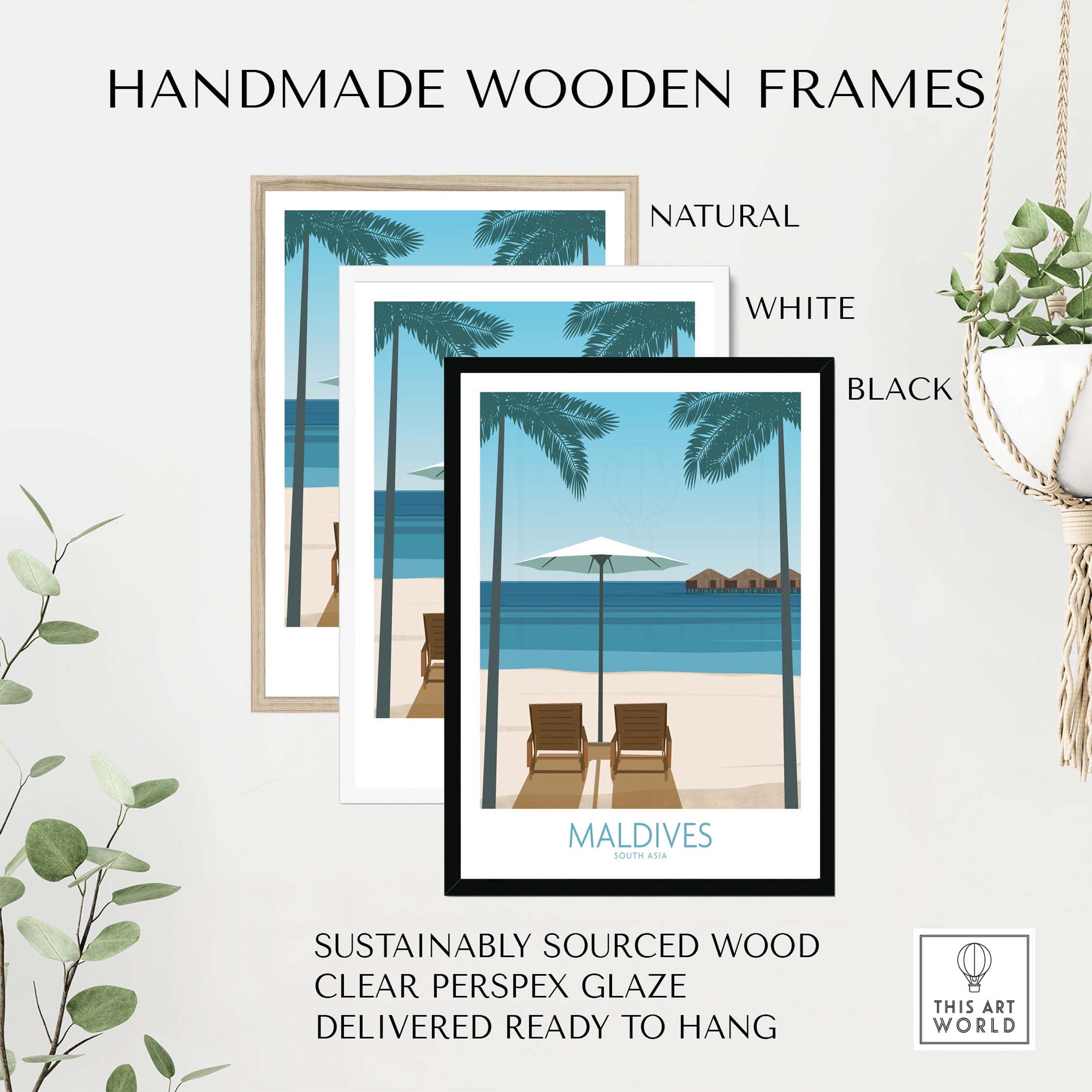 Handmade wooden frames for Maldives Print in natural, white, and black; sustainably sourced and ready to hang.
