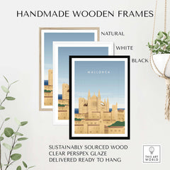 Handmade wooden frames for Mallorca wall art poster in natural, white, and black finishes.