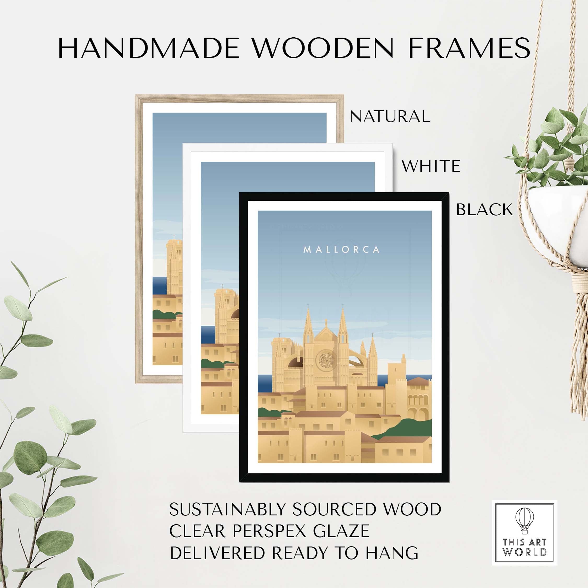 Handmade wooden frames for Mallorca wall art poster in natural, white, and black finishes.