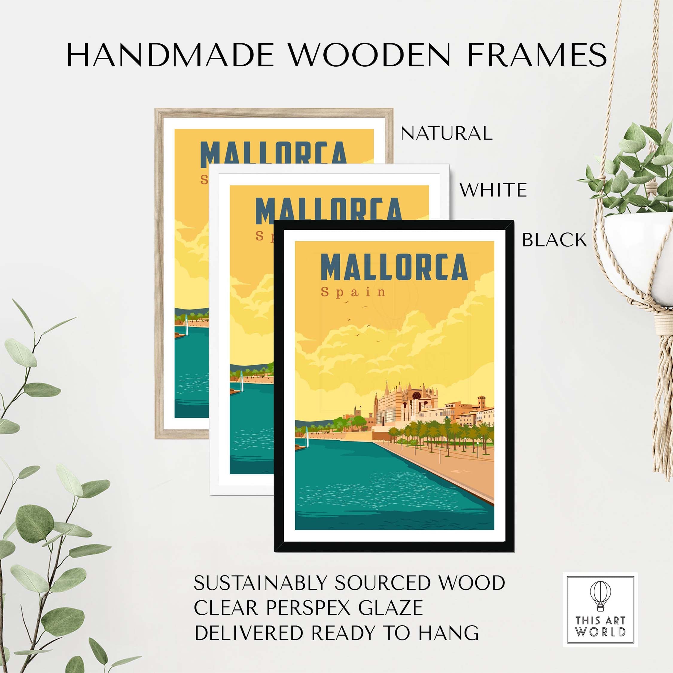 Handmade wooden frames for Mallorca Spain print in natural, white, and black options, sustainably sourced and ready to hang.