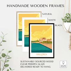 Mallorca poster in handmade wooden frames: natural, white, and black options, ready to hang.