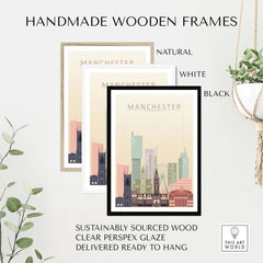 Handmade wooden frames in natural, white, and black for Manchester City Skyline print, made with sustainably sourced wood.