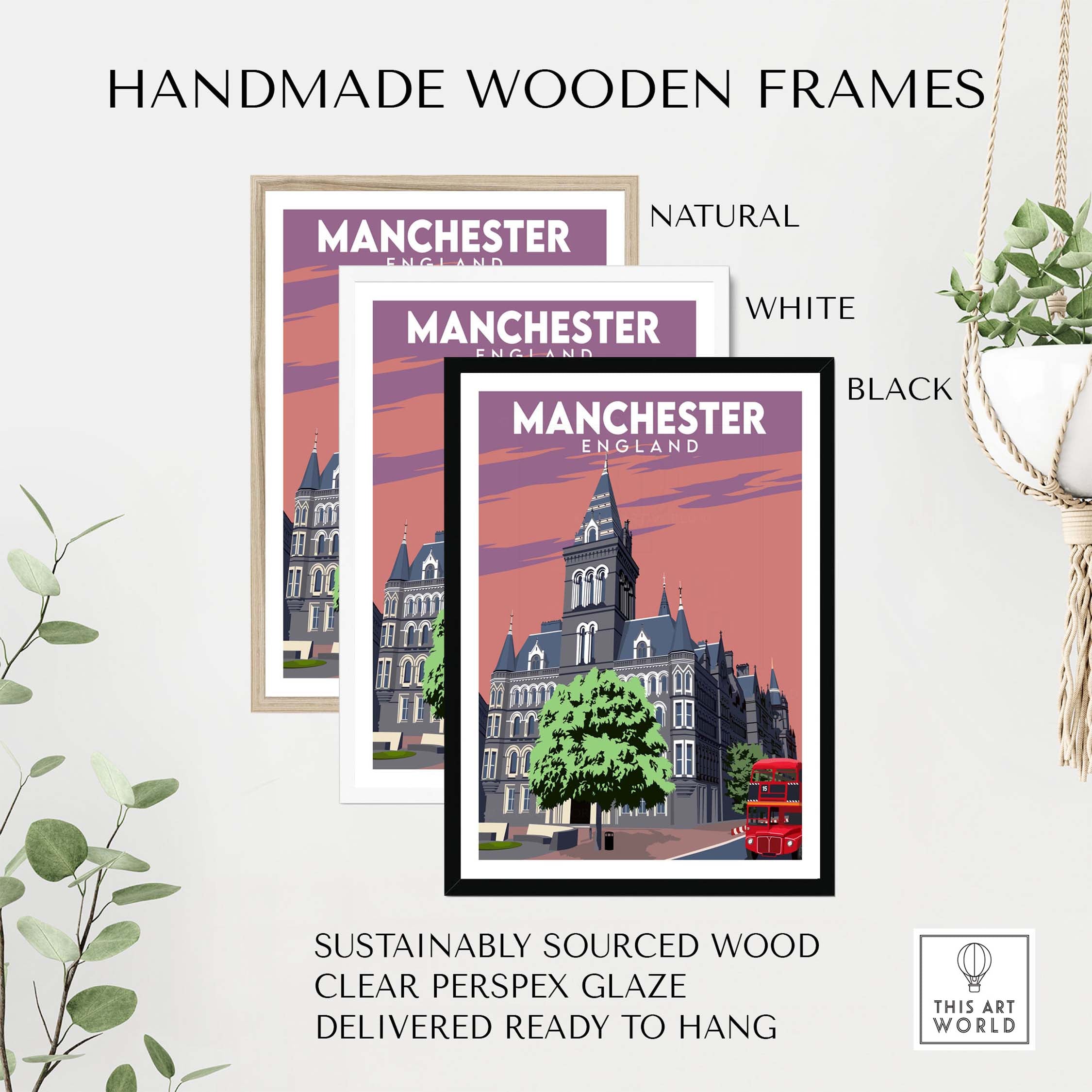 Manchester Poster Prints in handmade wooden frames, featuring natural, white, and black options for stylish wall art.