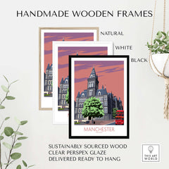 Manchester Art Print displayed in handmade frames: natural, white, and black. Premium quality and sustainable design.