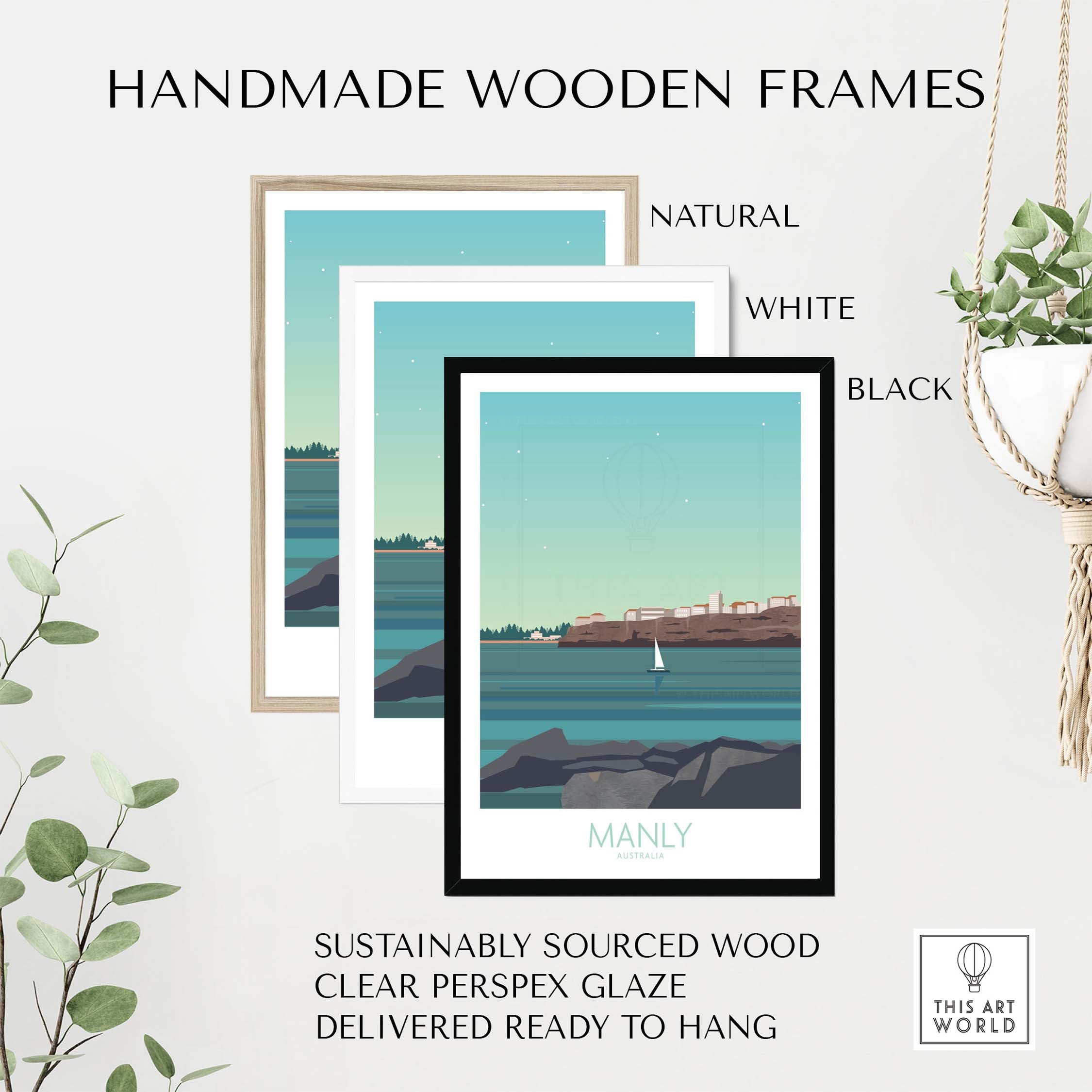 Handmade wooden frames for Manly Wall Art Australia poster in natural, white, and black options.