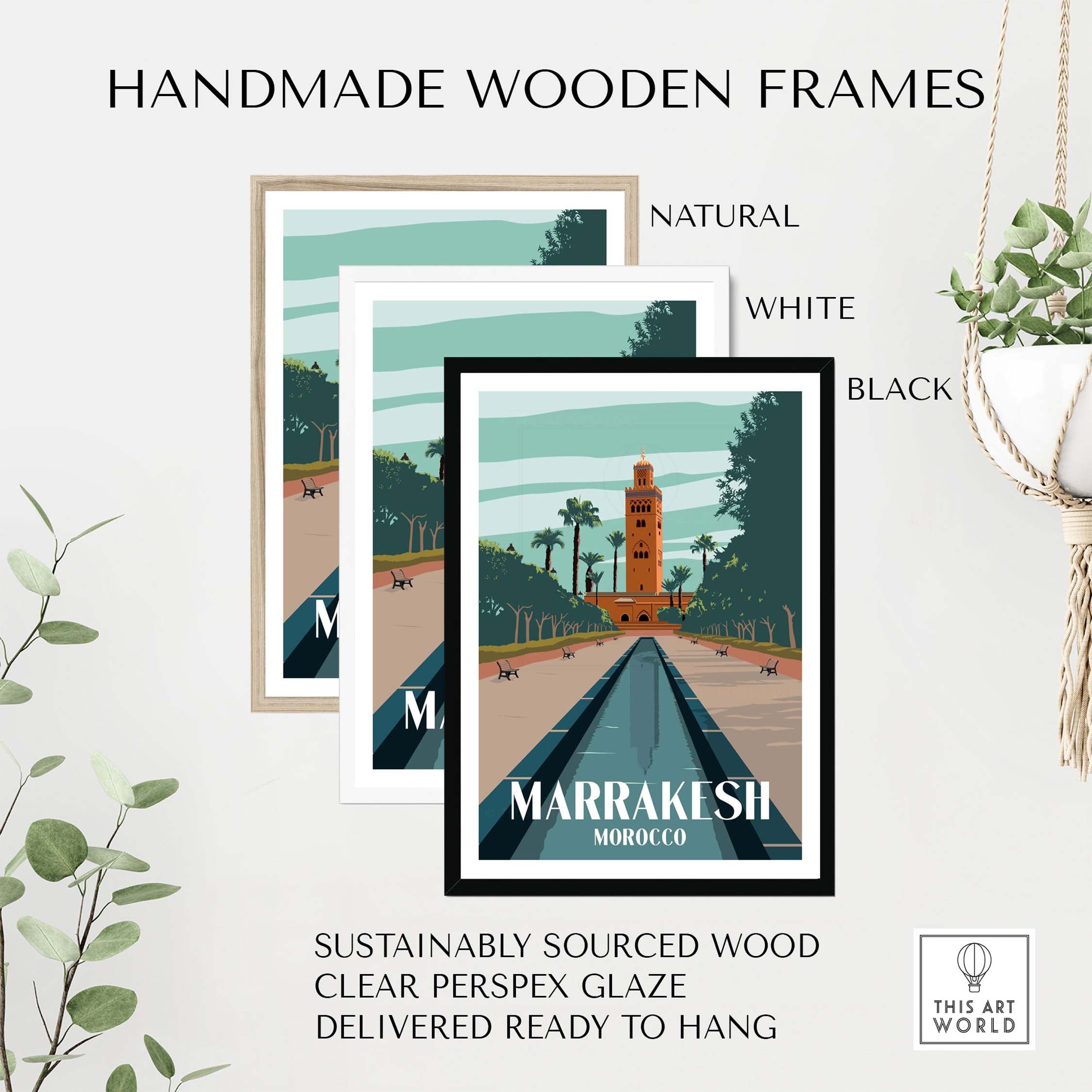 Handmade wooden frames for Marrakesh Print Morocco Poster in natural, white, and black finishes.