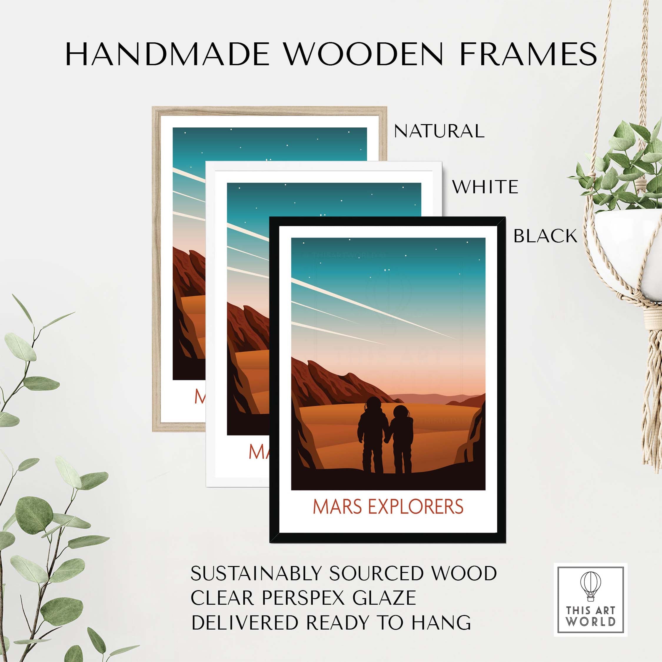 Handmade wooden frames for Mars Explorers poster in natural, white, and black finishes, made of sustainably sourced wood.