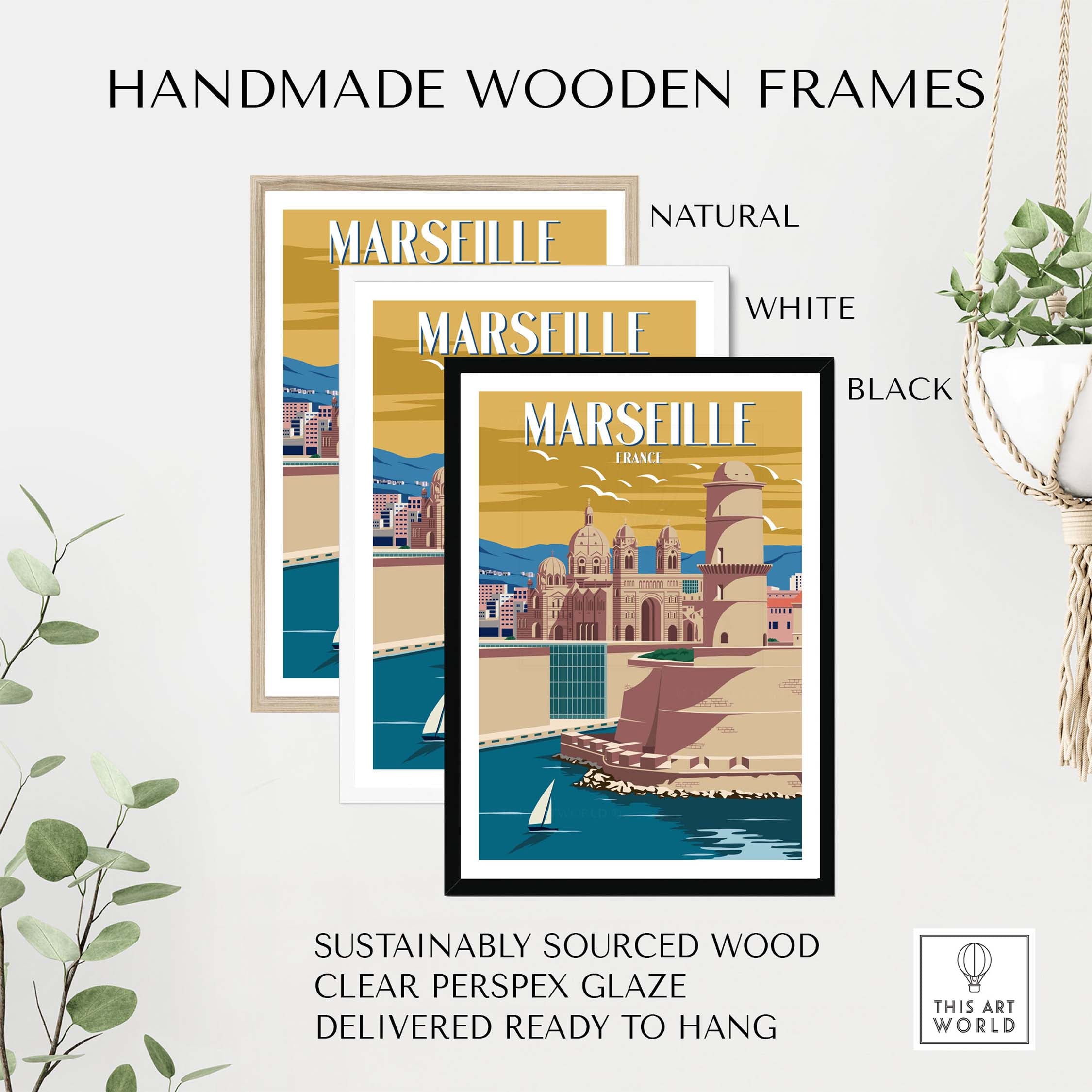 Handmade wooden frames for Marseille print, available in natural, white, and black finishes, ready to hang.