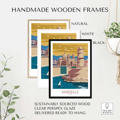 Handmade wooden frames in natural, white, and black for Marseille Poster Wall Art, sustainably sourced and ready to hang.