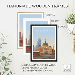 Melbourne wall art print framed in natural, white, and black handmade wooden frames, sustainably sourced wood.