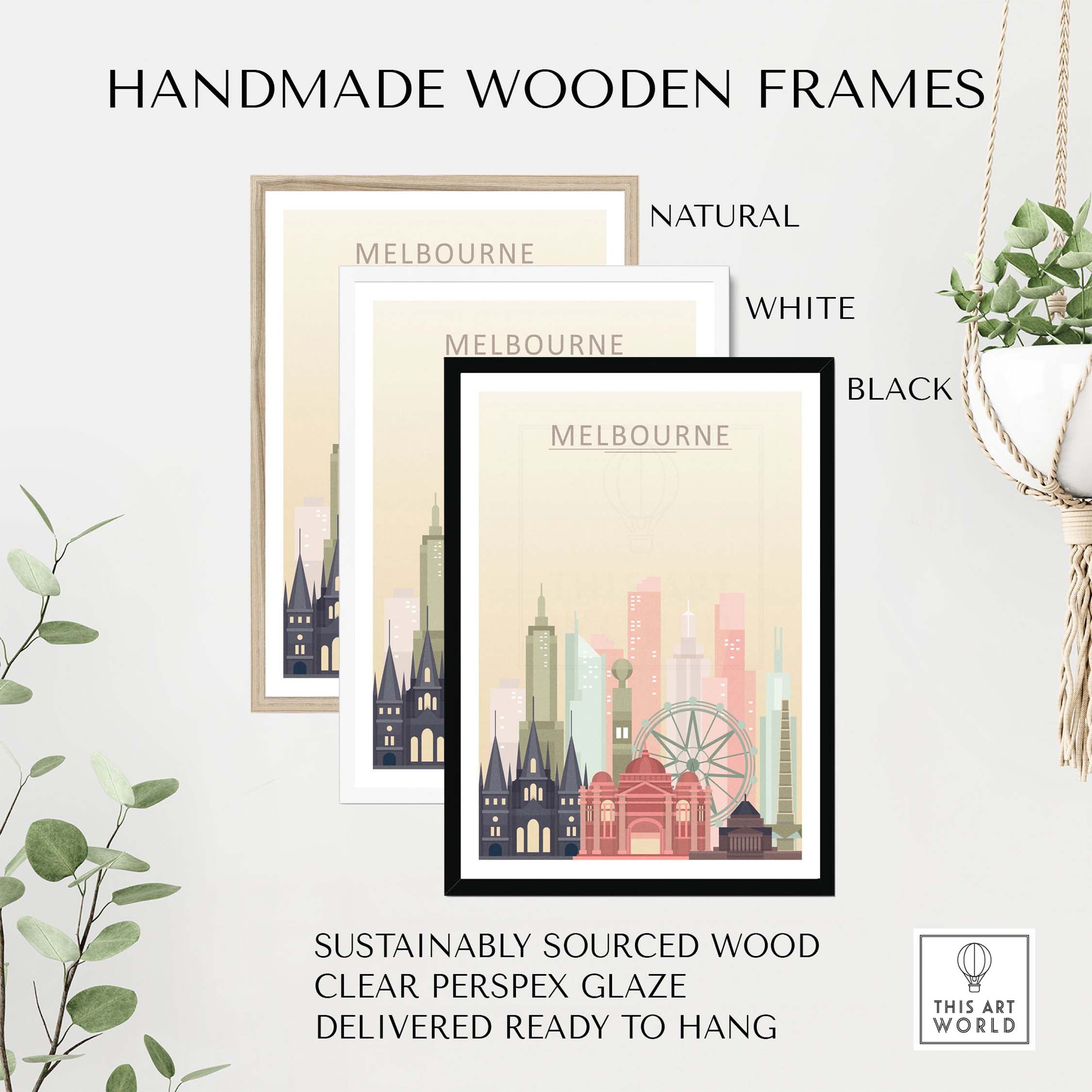 Handmade wooden frames in natural, white, and black, showcasing Melbourne Skyline Print with sustainable materials.