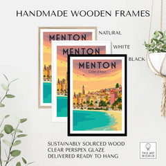 Handmade wooden frames in natural, white, and black for Menton France vintage print poster, sustainably sourced wood.